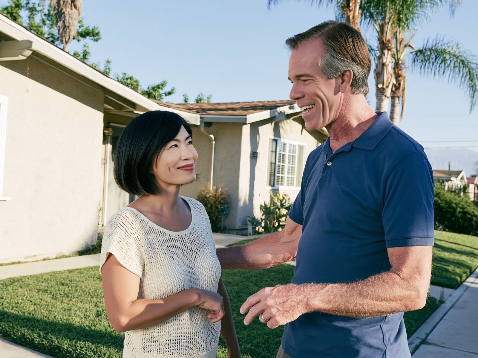 Alice and James laughing together on the front walk of a San Gabriel Valley rental they own
