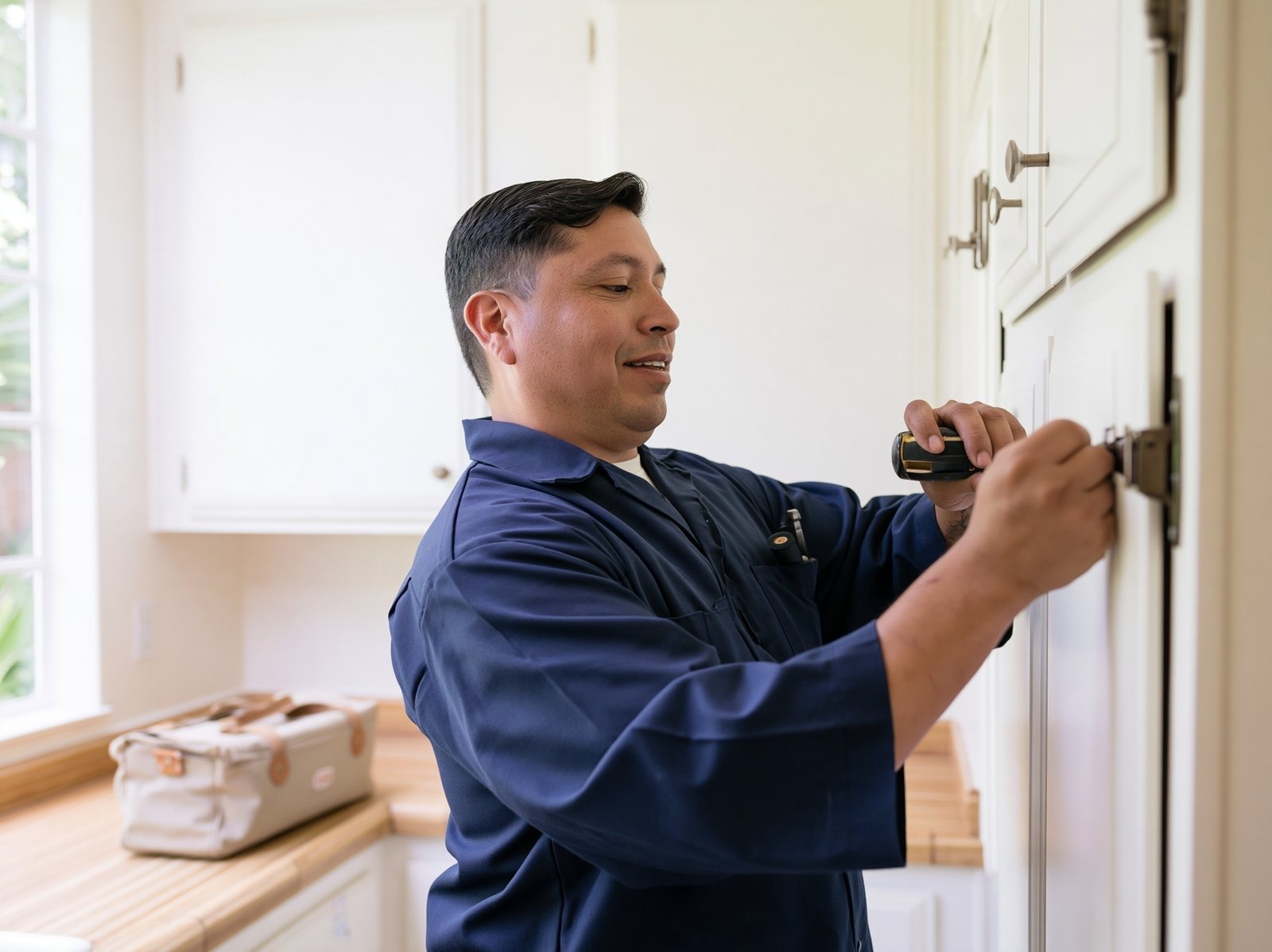 A maintenance technician in a navy work shirt adjusting a cabinet hinge in a bright kitchen