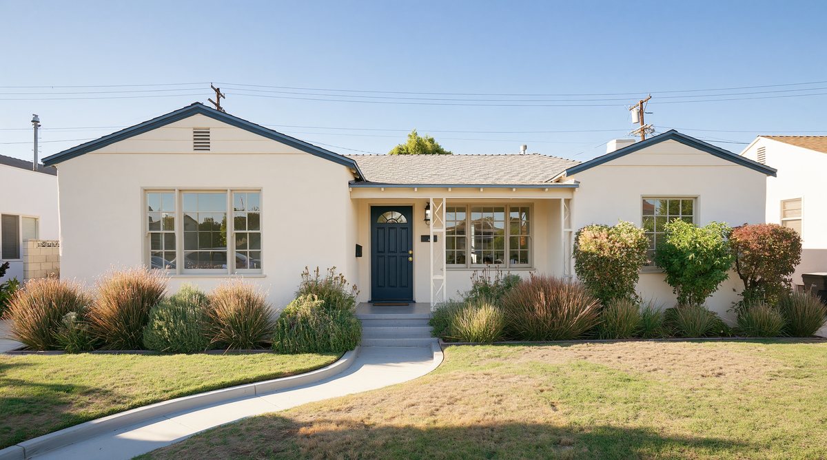 Front of a single-story cream stucco home with a navy front door