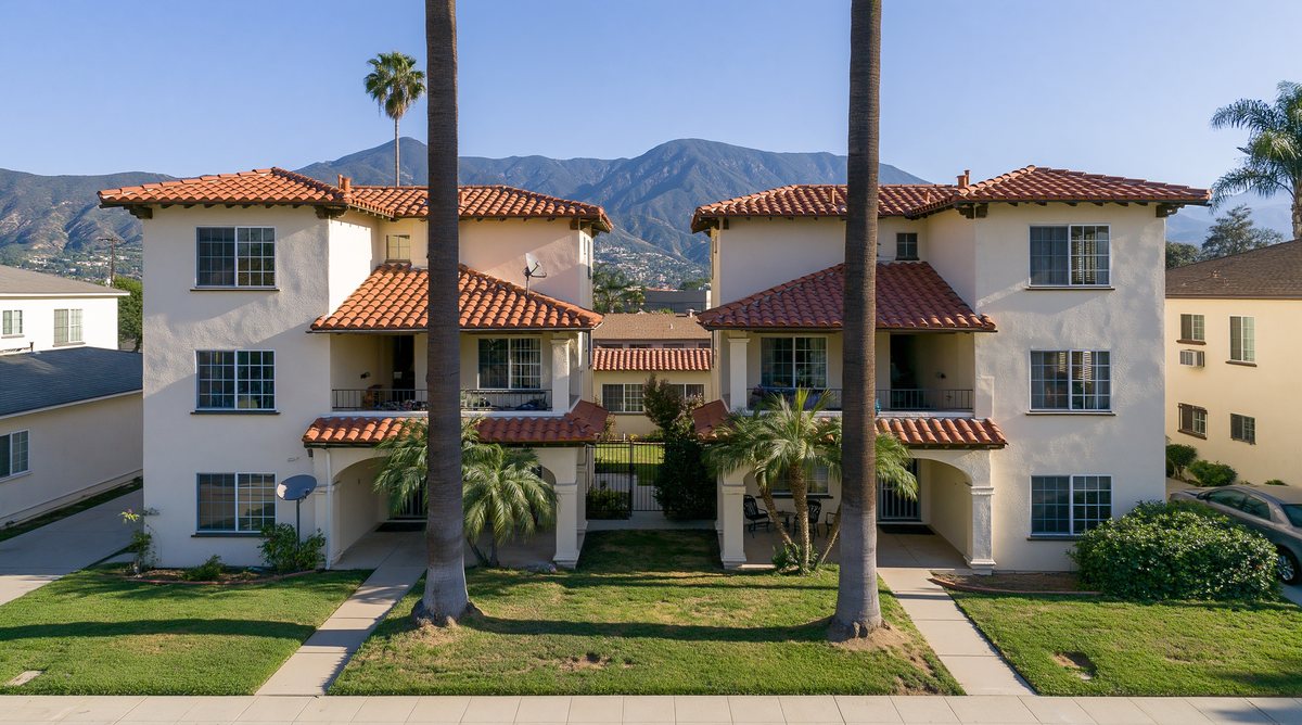 Front of a cream Spanish-style fourplex with tile roofs and the San Gabriel Mountains behind