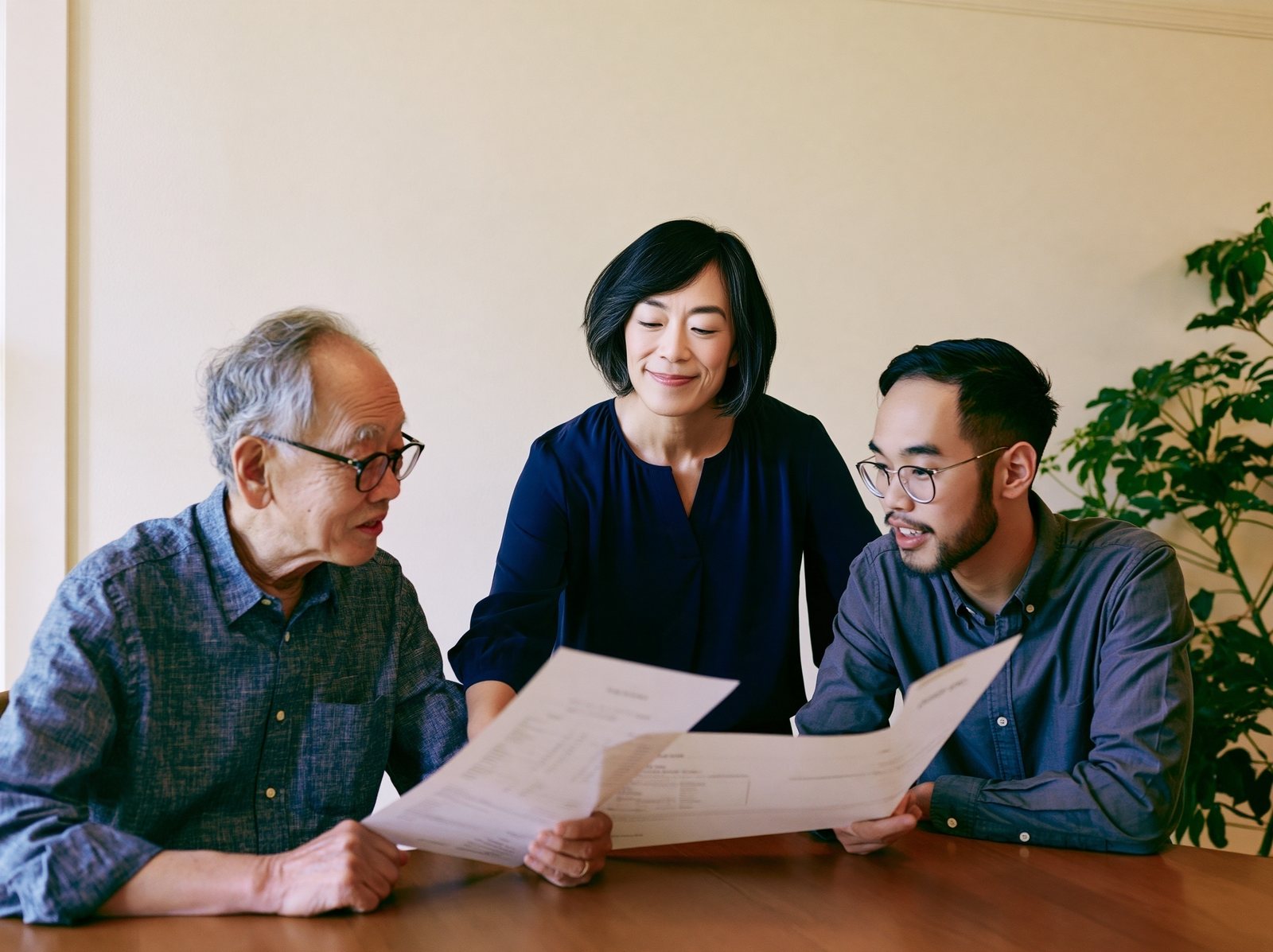 An owner and his adult son reviewing a monthly statement with Alice at a dining table
