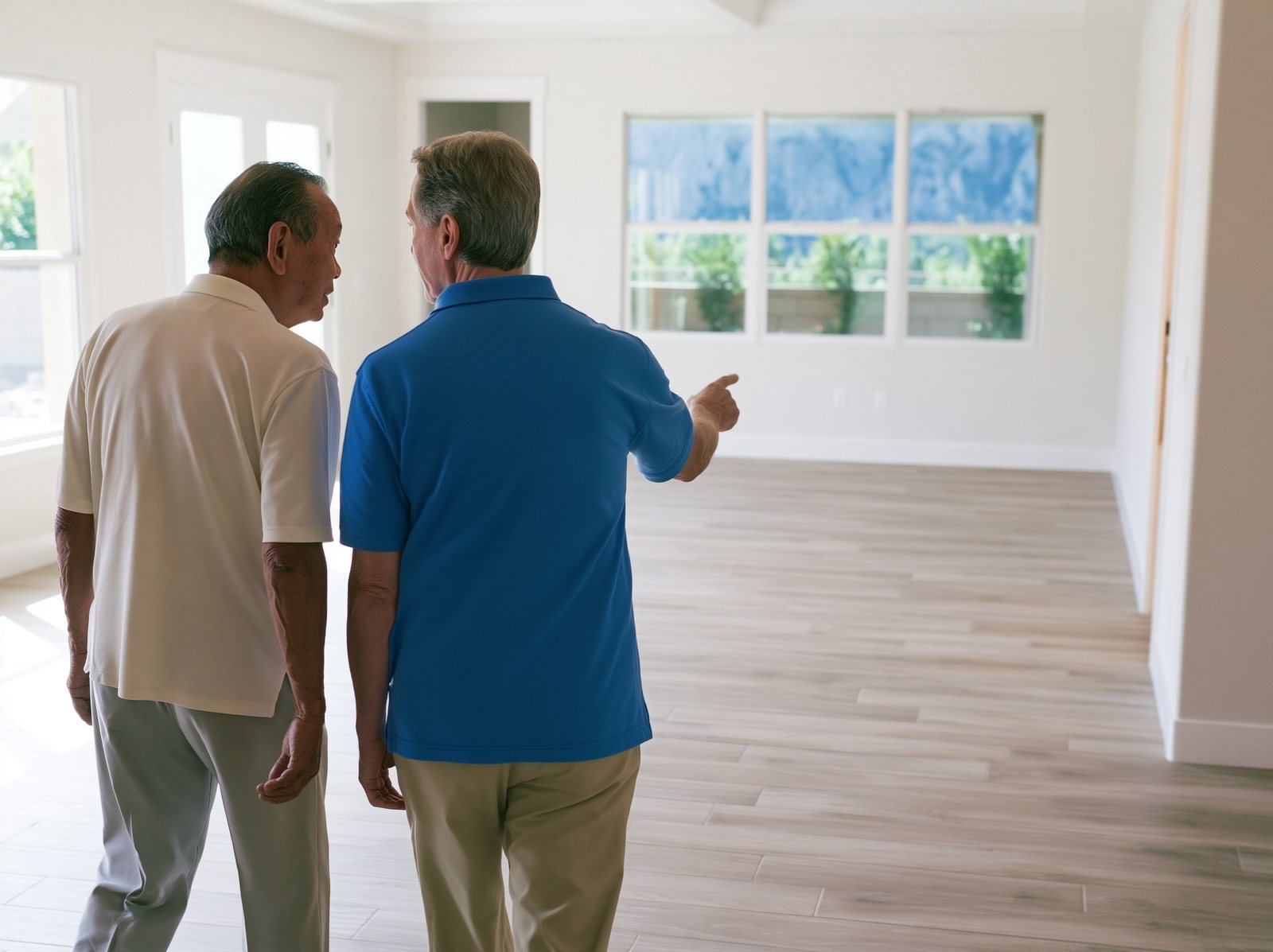 James walking an owner through an empty living room, pointing toward windows with a mountain view