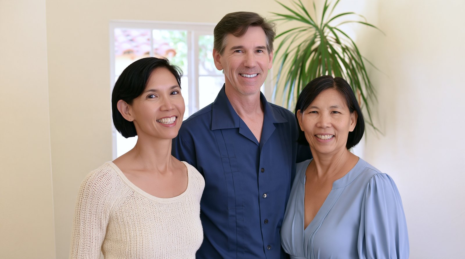 Alice, James and Victoria standing together in the Venture Pacific office