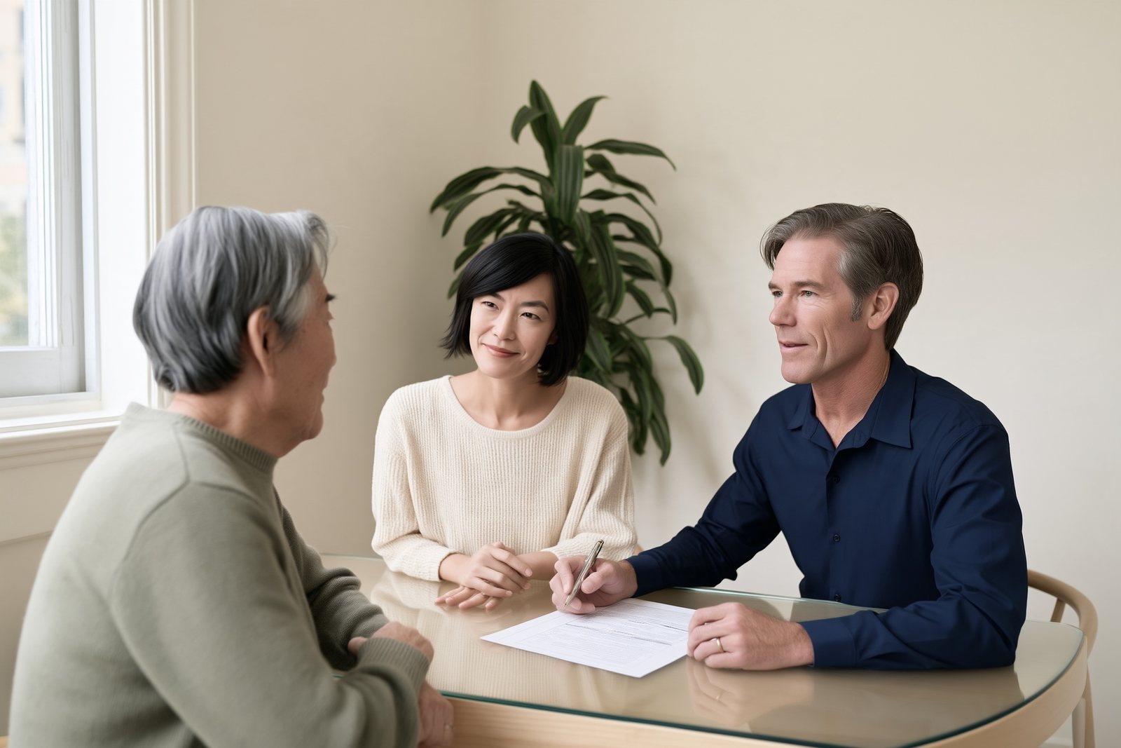 Alice and James listening to an owner at a table as they review his statement together